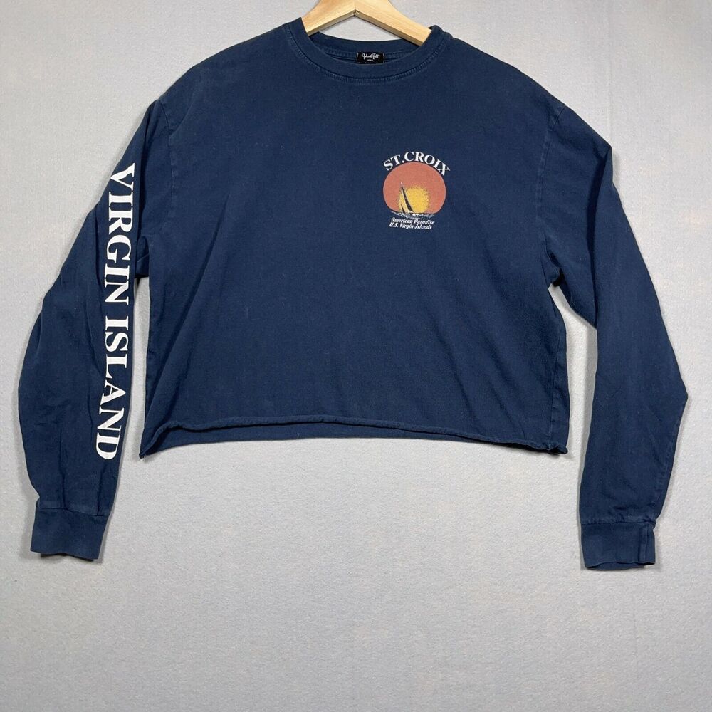 John Galt St Croix Virgin Island Long Sleeve Crop Top Size Small Navy Blue